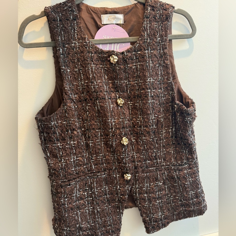 Chic Brown Tweed Sleeveless Blouse